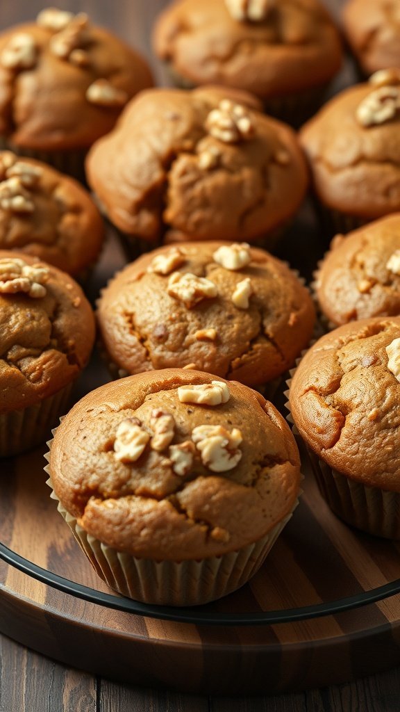 Freshly baked carrot, apple, and oatmeal muffins topped with walnuts.