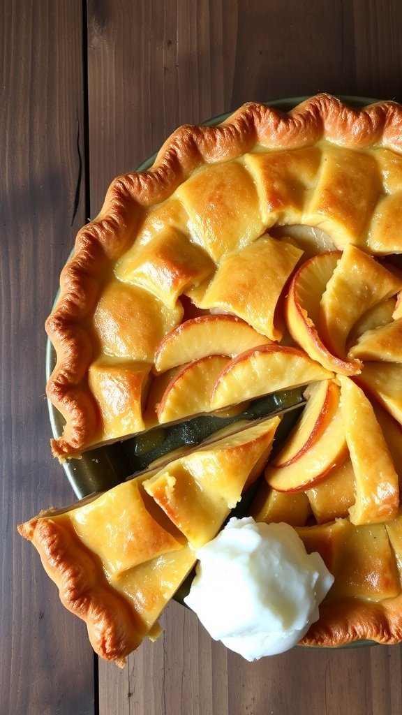 A golden apple pie with cheddar cheese crust, filled with spiced apples, served with a slice and vanilla ice cream.