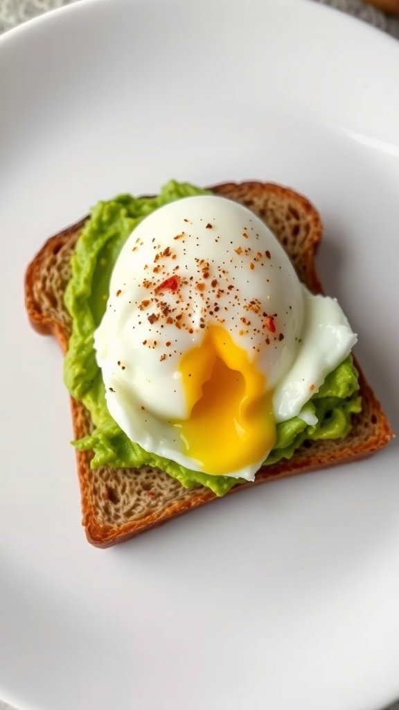 Avocado toast topped with a poached egg on a plate.