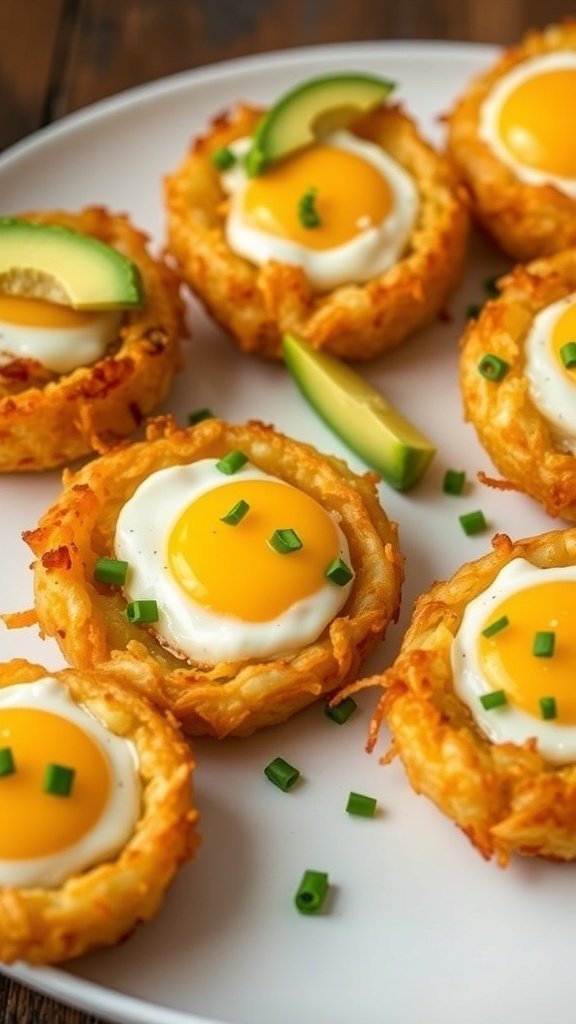 A plate of hash brown egg nests topped with avocado slices and green onions.