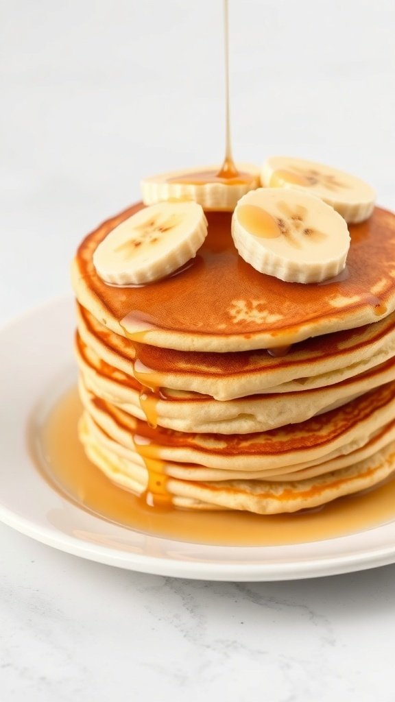 Stack of banana pancakes topped with banana slices and syrup