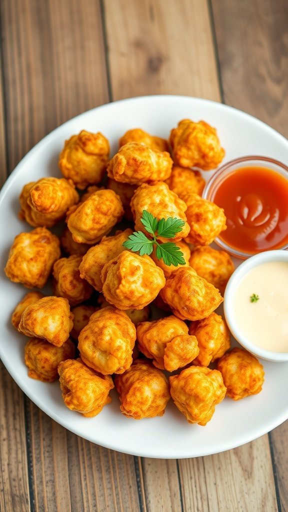 Crispy popcorn chicken pieces on a plate with dipping sauce and parsley garnish.